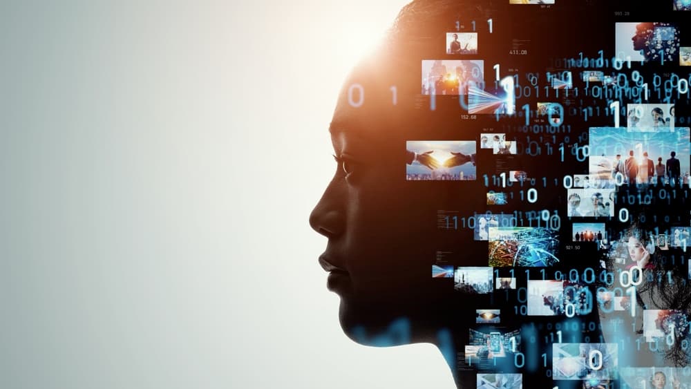 A conceptual image of a woman in profile overlaid with AI and computer-related illustrations.