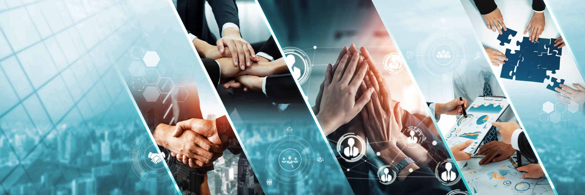 Teamwork and human resources HR management technology concept in corporate business with people group networking to support partnership, trust, teamwork and unity of coworkers in office kudos